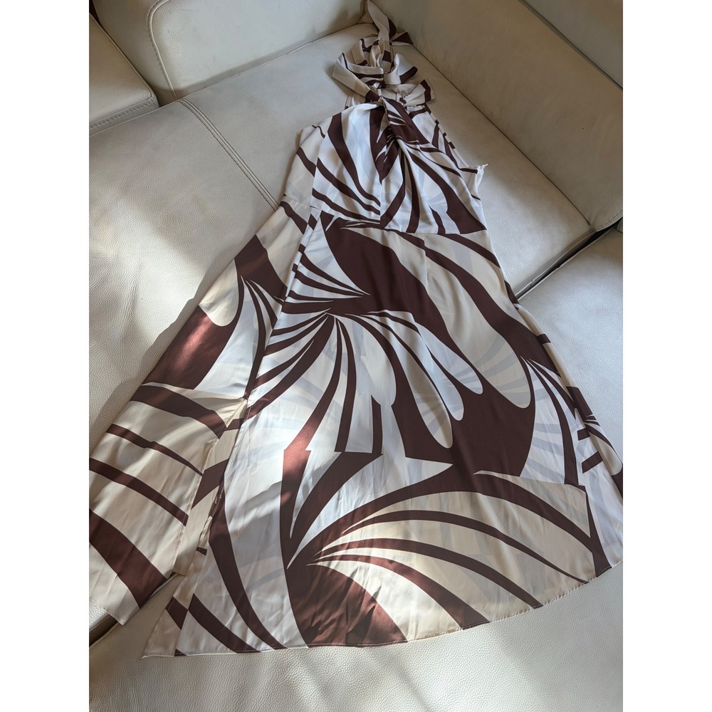 NWT Worthington Halter Neck Large Maxi Dress Brown Cream Abstract Print